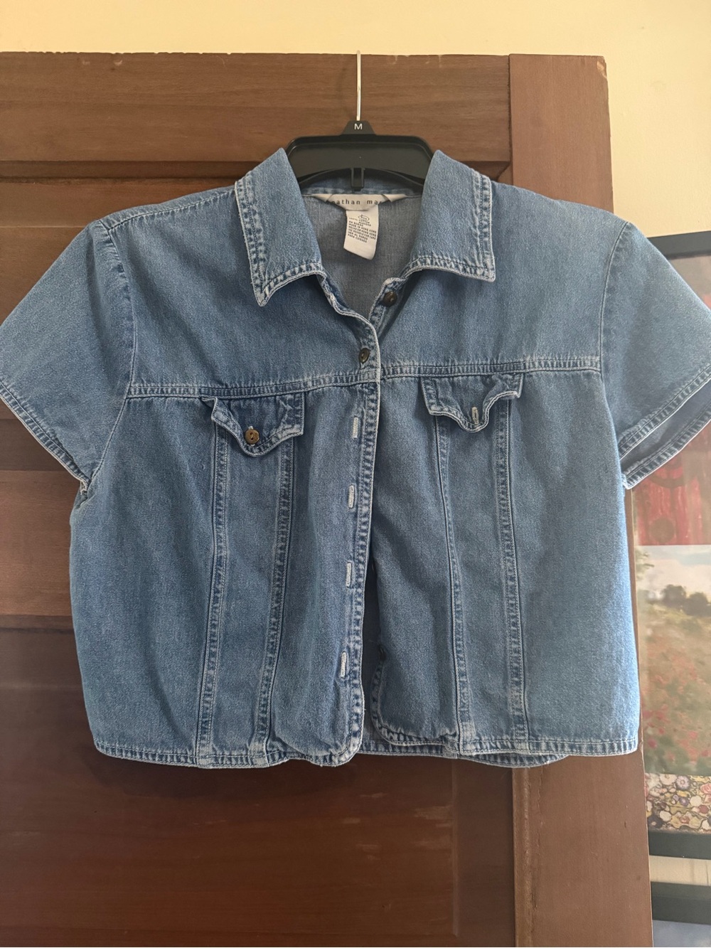 Vintage Denim Short-Sleeve Button-Front Top - Blue